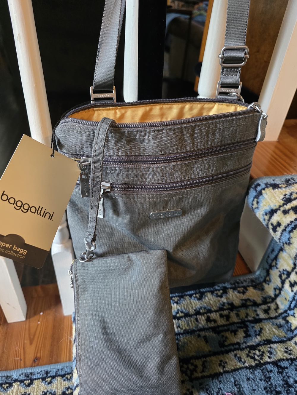 Baggallini Gray Crossbody Bag with Matching Wristlet and Gold Interior